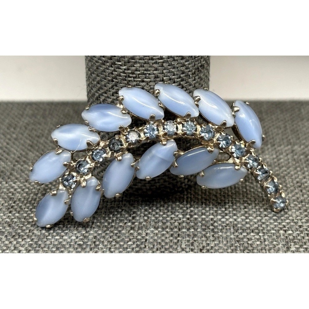 Vintage Blue Moonglow Style Glass Rhinestone Leaf Brooch